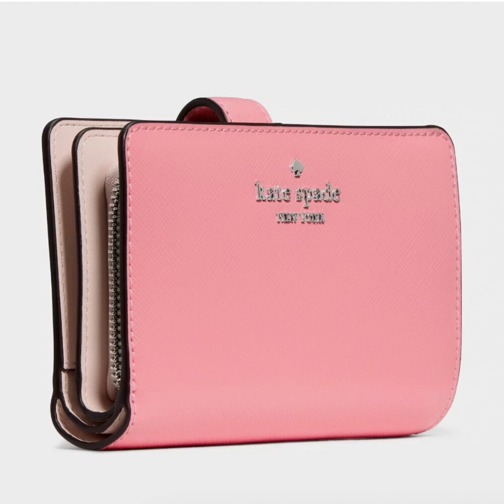 New Kate Spade Medium Compact Bifold Wallet Saffiano Leather Grapefruit Soda